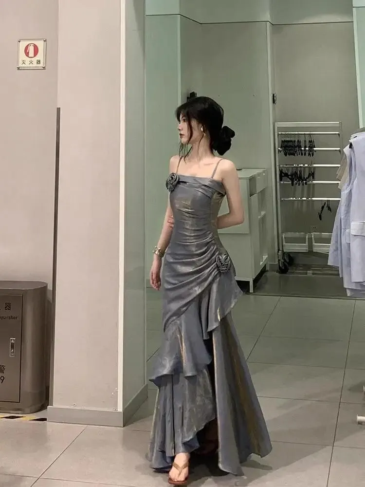 Burgundy Straps Sheath Satin Long Party Dress Birthday Outfit, D214