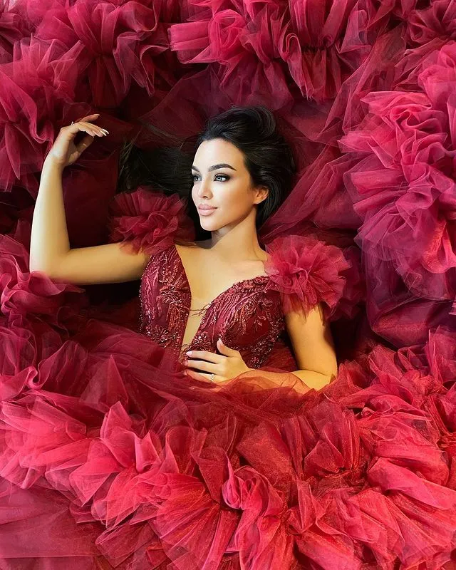 Burgundy Tulle Wedding Dresses Ruffles Beaded Lace Appliques Sexy Deep V-Neckline Ball Gown Bridal Wedding Gowns