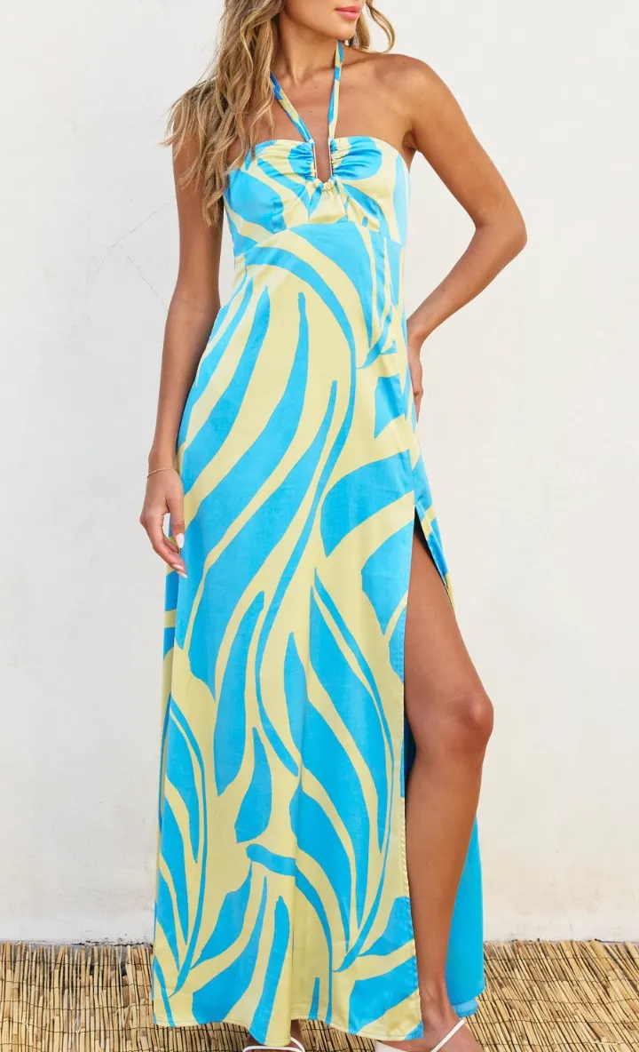 By The Sea Halter Neck Satin  Maxi Dress