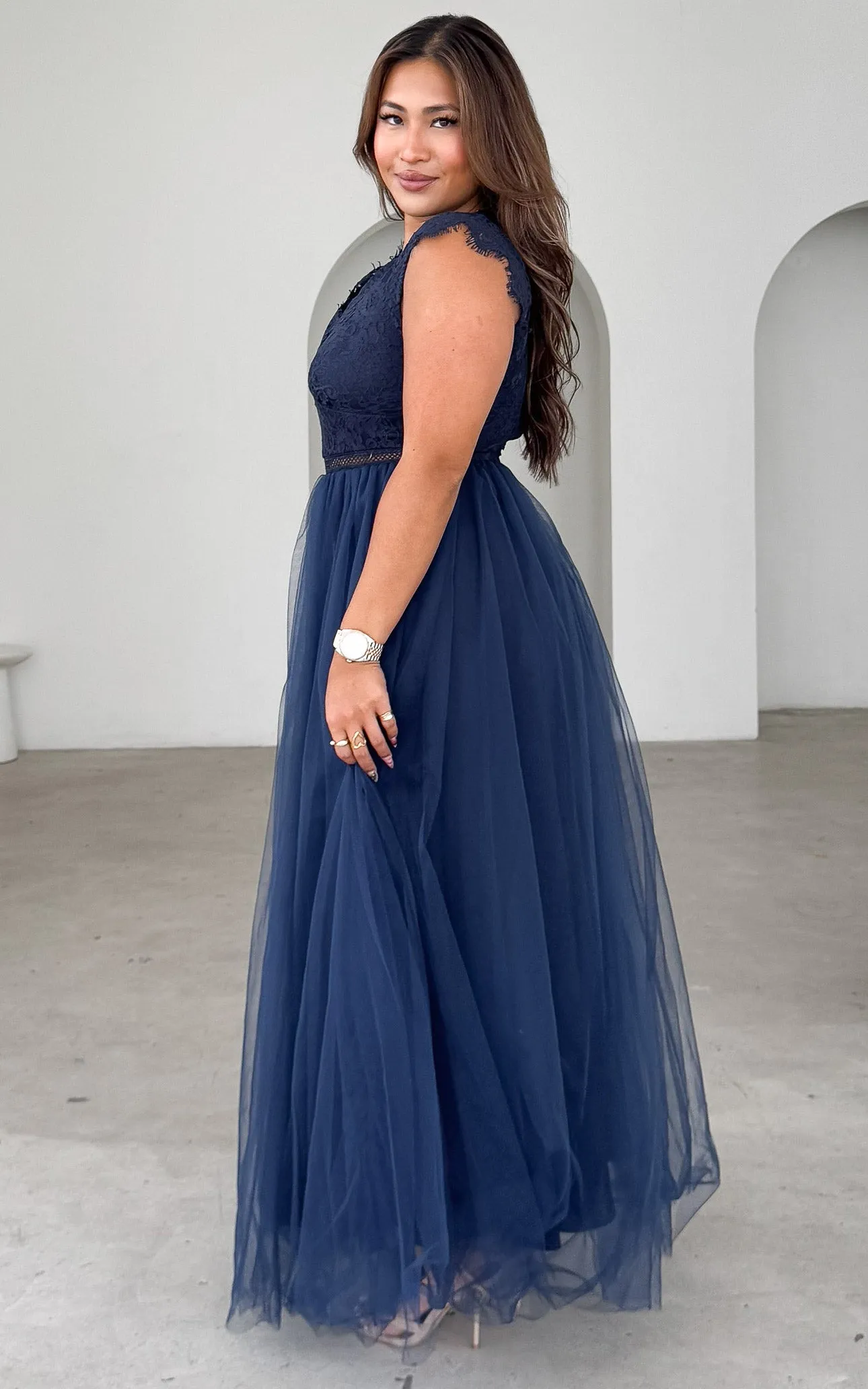 Caleigh Lace Tulle Maxi Dress - Navy