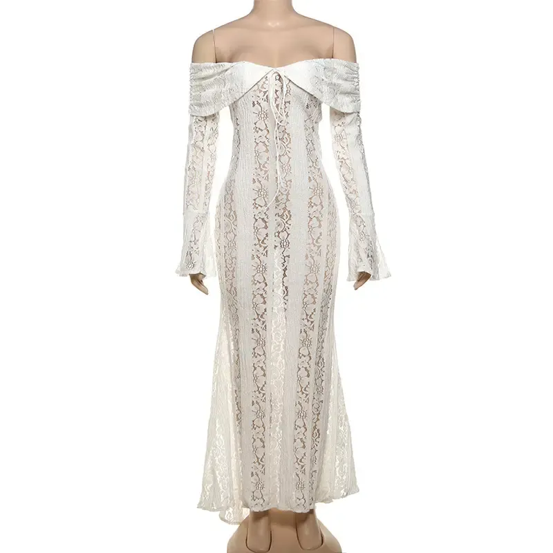 Caliste Pearl White Off Shoulder Solid Lace Sexy Maxi Dress