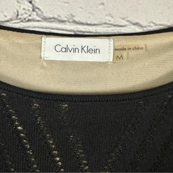 Calvin Klein Illusion Bodycon Stretch Dress  Laser Cut Lined 3/4 Sleeves Black M
