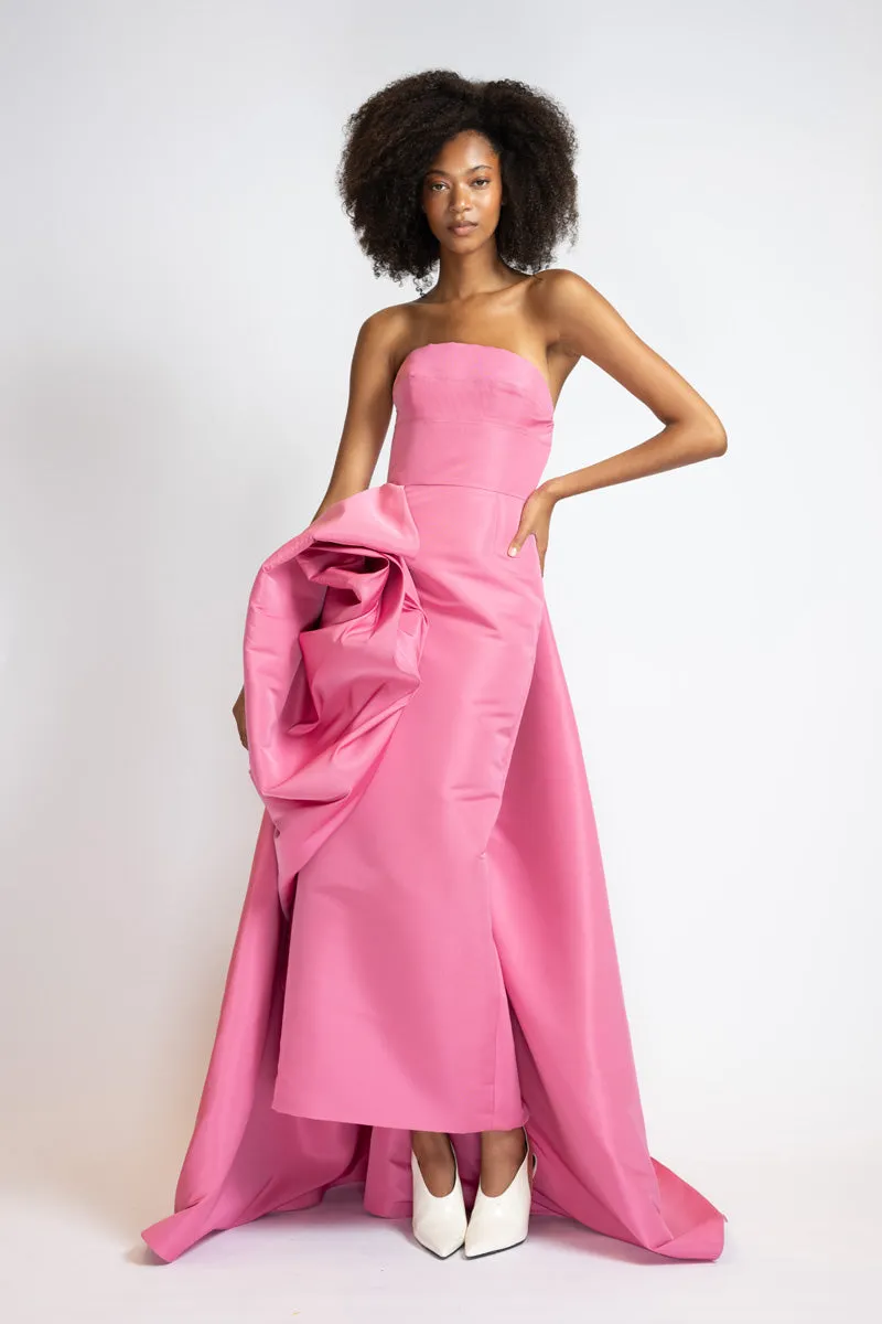 Camellia Faille Strapless Dress with Draped Blossom Train