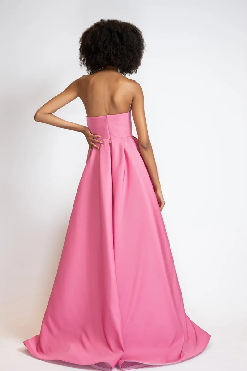 Camellia Faille Strapless Dress with Draped Blossom Train