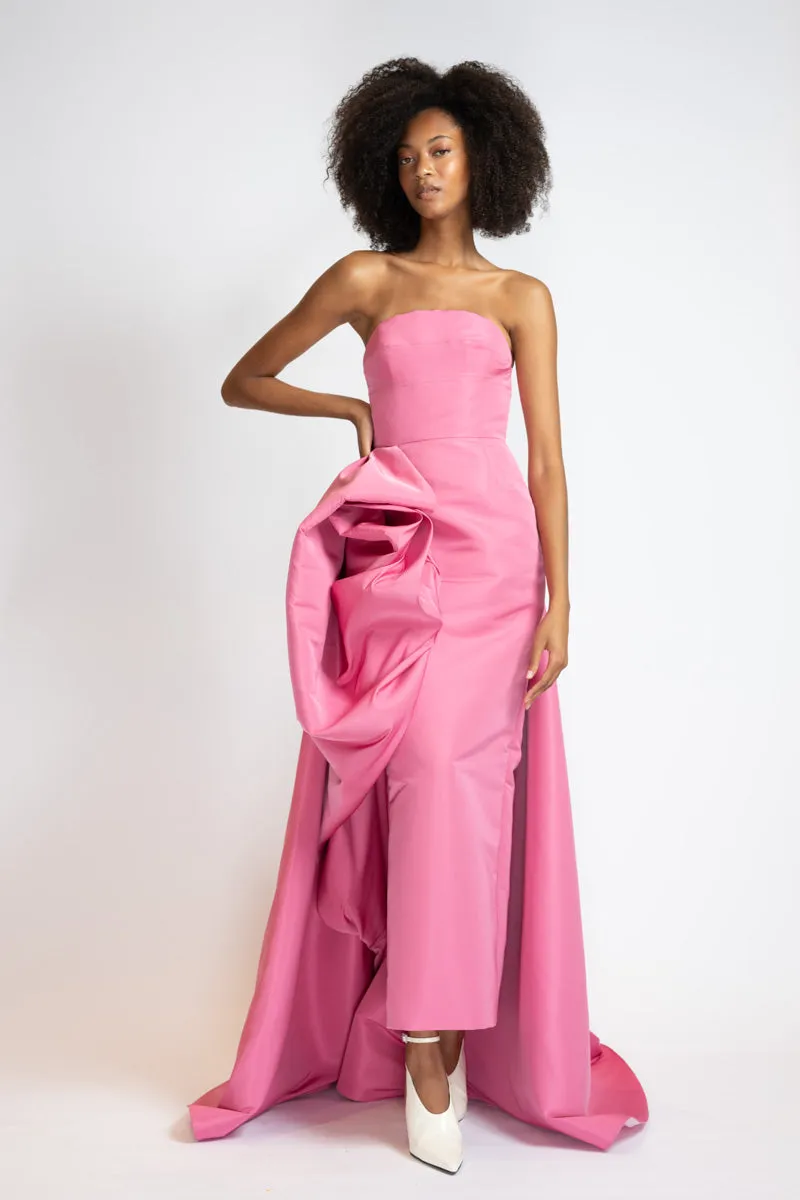 Camellia Faille Strapless Dress with Draped Blossom Train