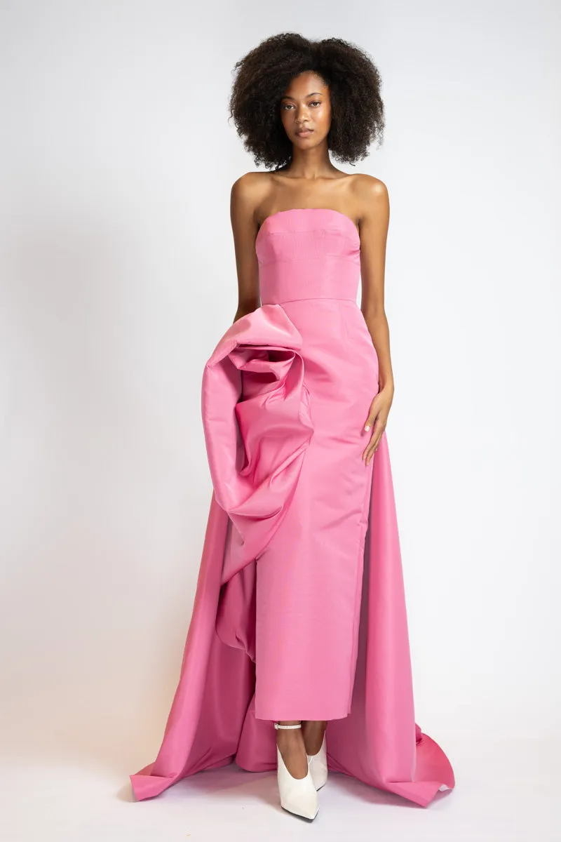 Camellia Faille Strapless Dress with Draped Blossom Train