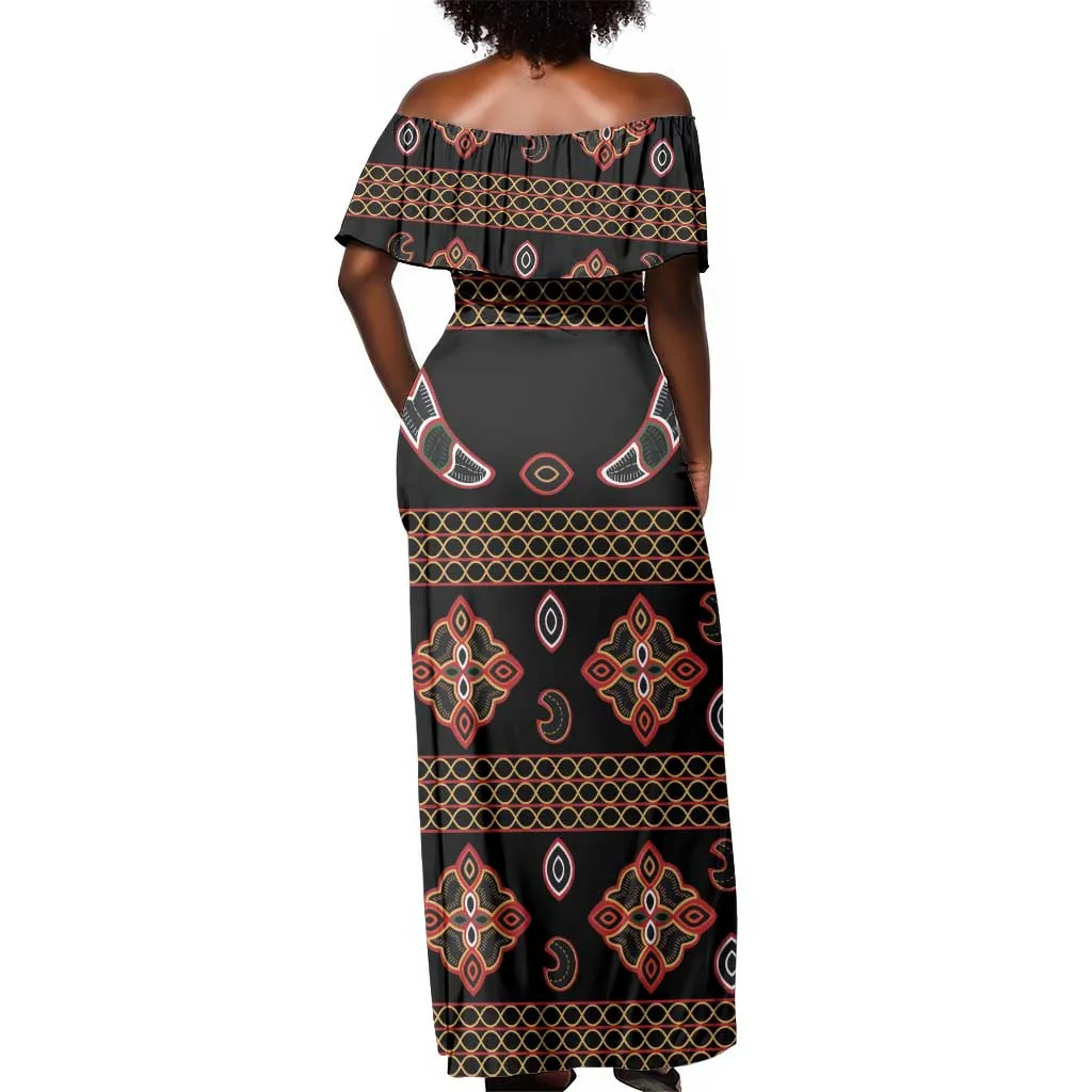 Cameroon Traditional Toghu Pattern Off Shoulder Maxi Dress LT15