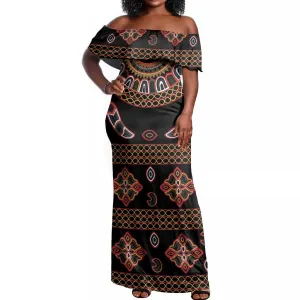Cameroon Traditional Toghu Pattern Off Shoulder Maxi Dress LT15