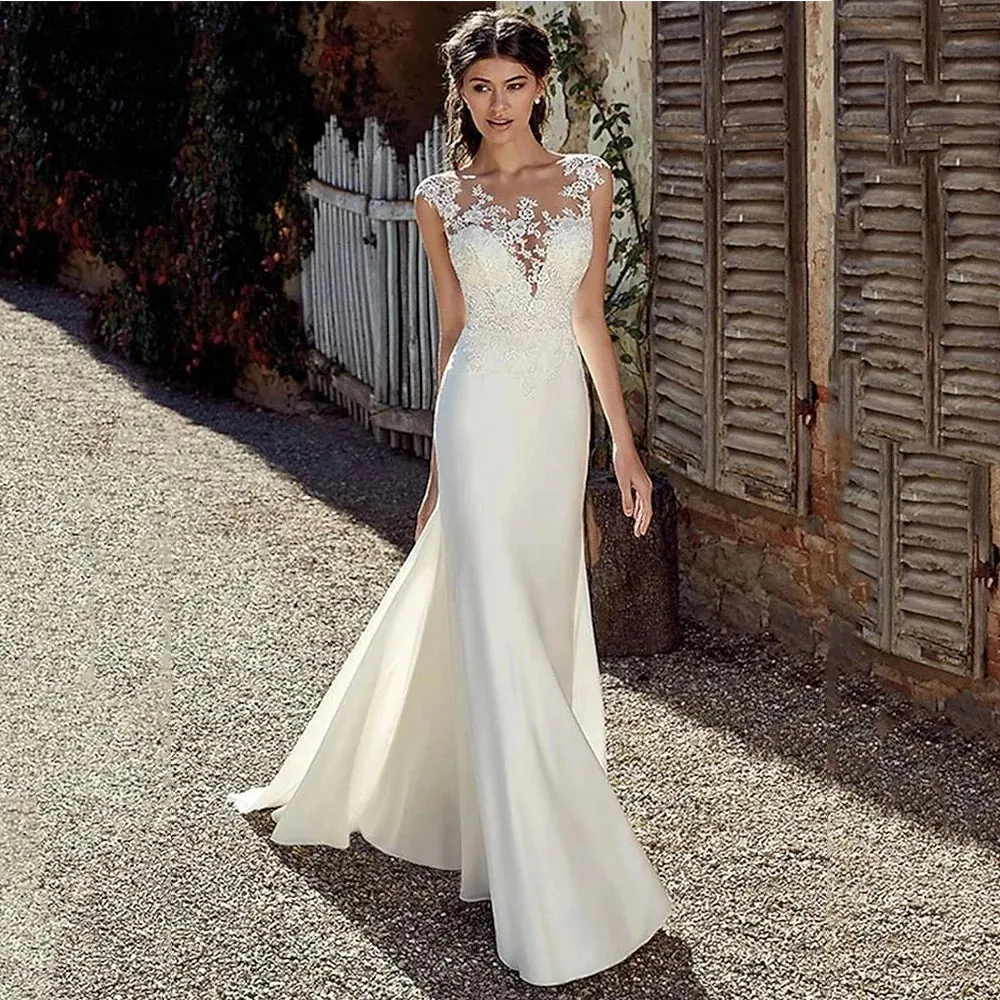 Cap Sleeve Appliques Lace Sheath Wedding Dress 2025 Customized Illusion Bohemian Bridal Gowns Beach Satin Vestido De Novia