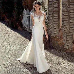 Cap Sleeve Appliques Lace Sheath Wedding Dress 2025 Customized Illusion Bohemian Bridal Gowns Beach Satin Vestido De Novia
