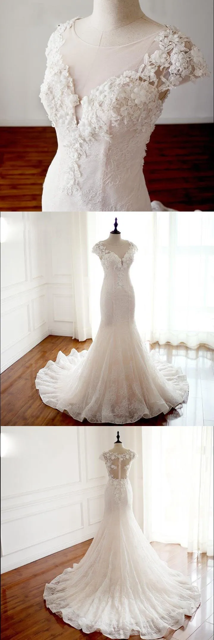 Cap Sleeves Trumpet Sexy Wedding Dresses, High Quality Handmade Bridal Gown with Train , WD0271