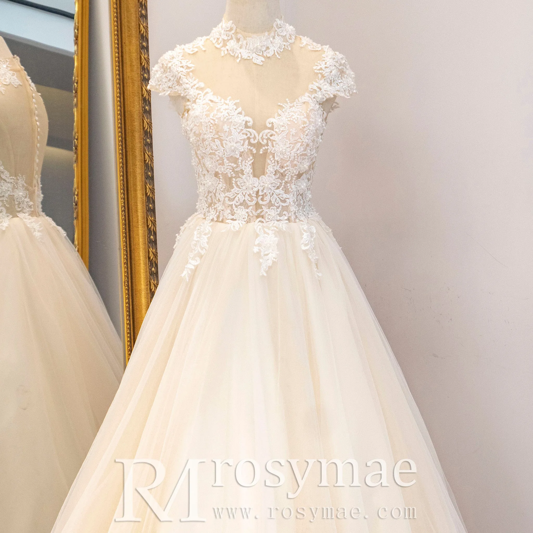 Capped Sheer Neckline A Line Wedding Dress with Lace Applique