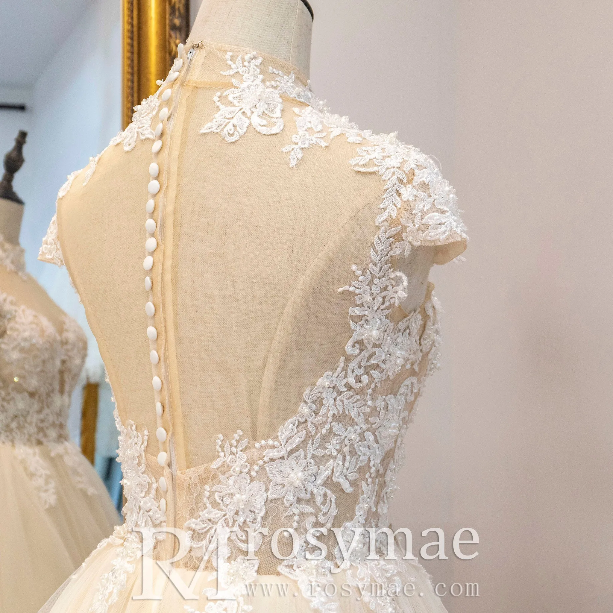 Capped Sheer Neckline A Line Wedding Dress with Lace Applique