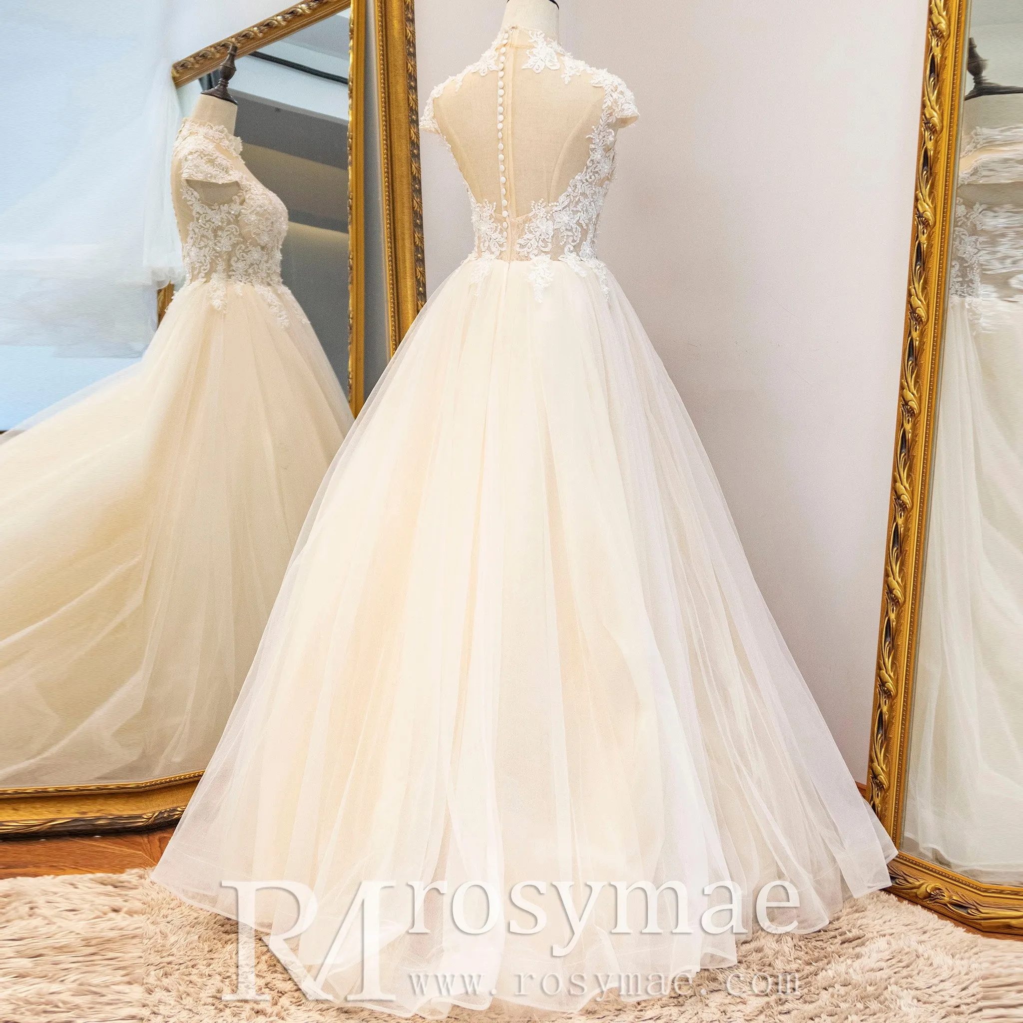 Capped Sheer Neckline A Line Wedding Dress with Lace Applique