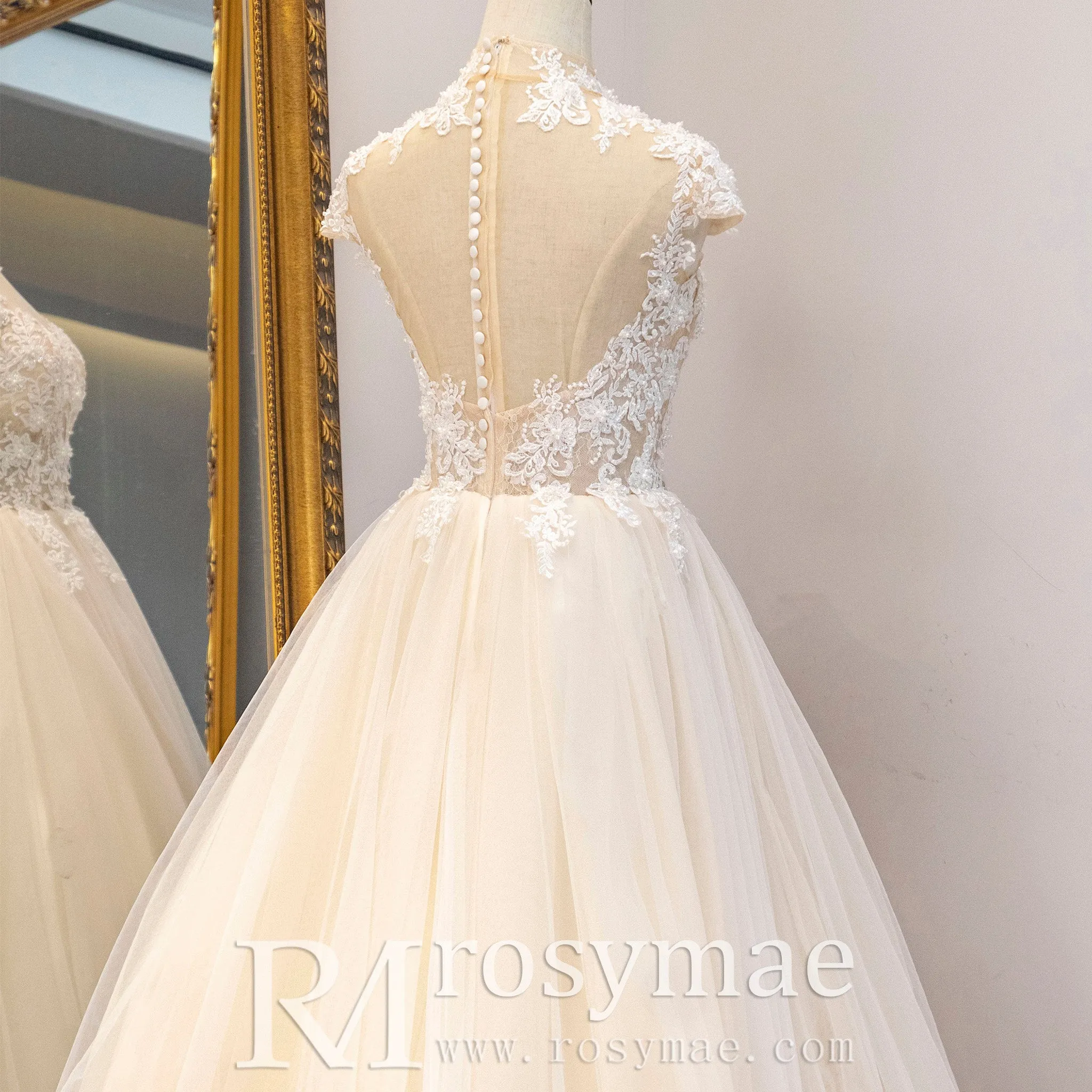 Capped Sheer Neckline A Line Wedding Dress with Lace Applique