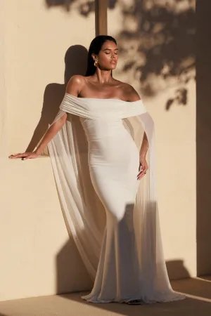 Carlotta | White Bardot Maxi Dress With Chiffon Cape