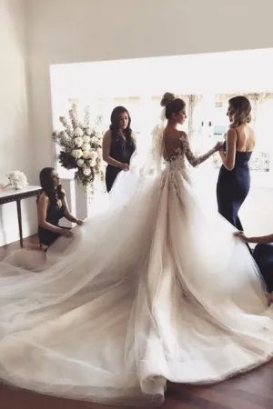 Cathedral Train Wedding Dress with Lace Long Sleeves