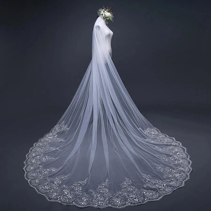 Cathedral Wedding Lace Appliqued Bridal Veils