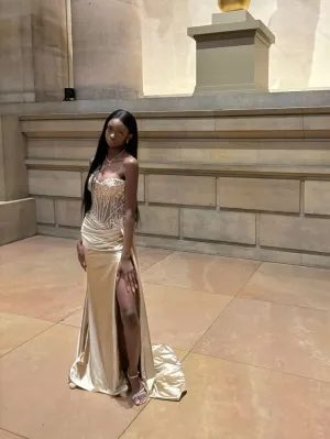 Champagne Sweetheart Neck Sheath Satin Long Party Dress Evening Gown, D744