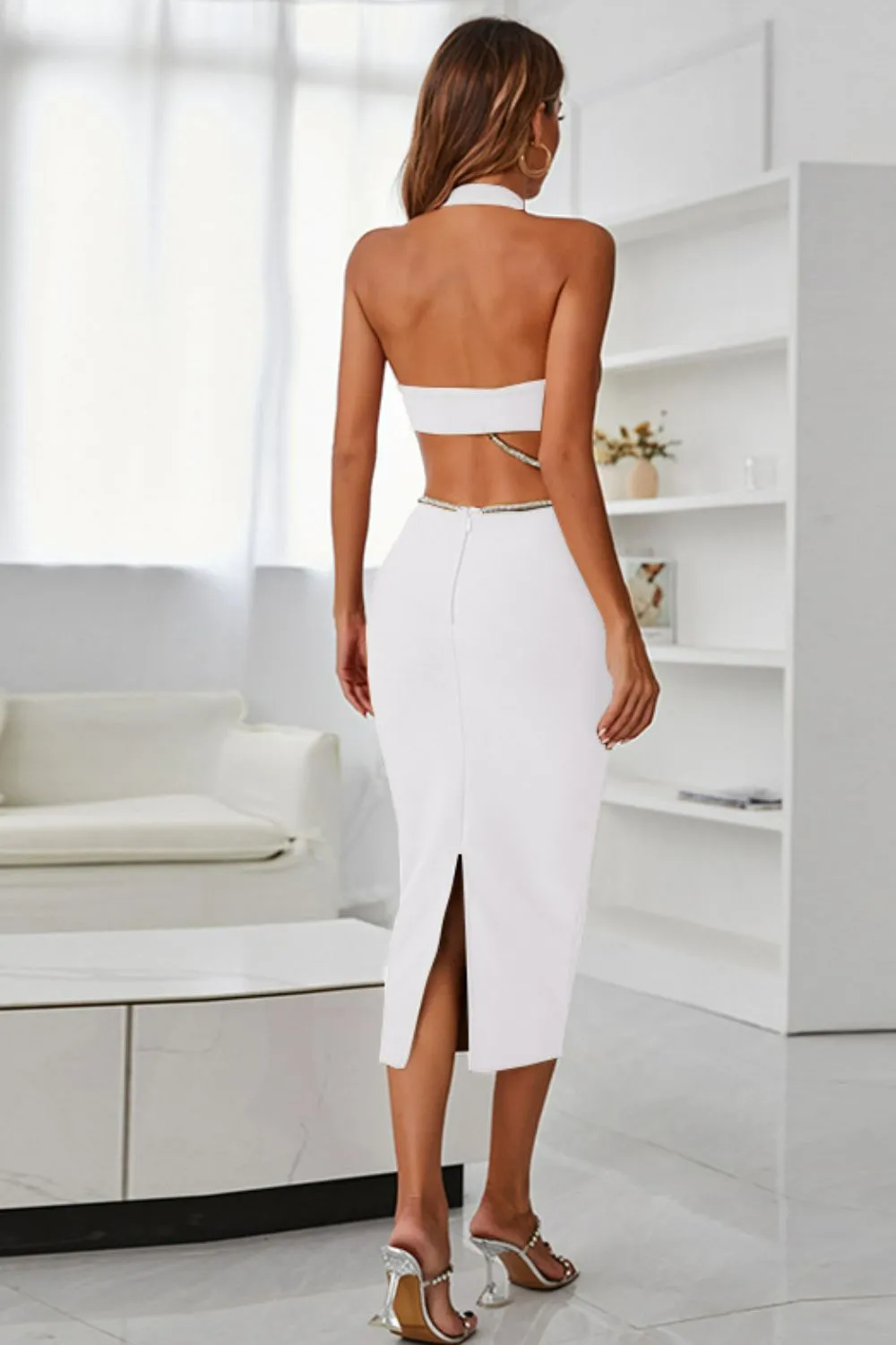 Chantilly Rhinestone Luxe Halter Midi Dress