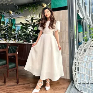 Charming Prom Dresses Elegant O neck Belt Short Puff Sleeves Evening Gowns Tea Length Graduation Formal Dress Pocket