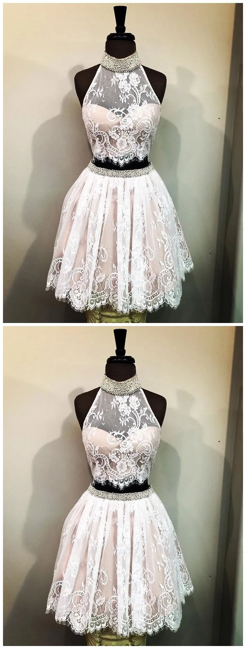 Cheap Halter Two Piece Cute Lace Homecoming Dresses, CM497