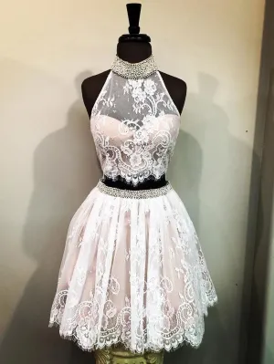 Cheap Halter Two Piece Cute Lace Homecoming Dresses, CM497