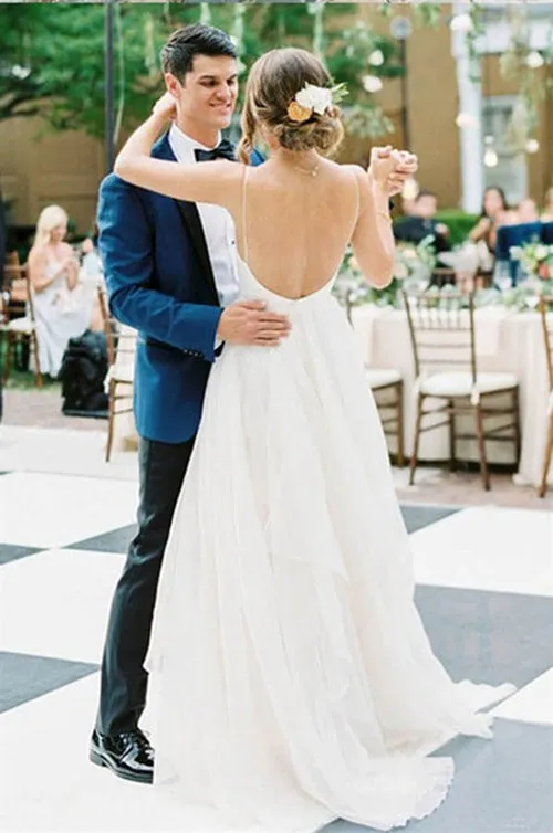 Cheap Ivory Spaghetti Strap Wedding Dresses Backless V-neck Bridal Dress,MW376