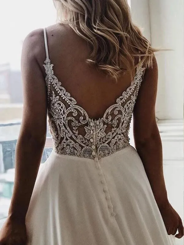 Cheap Spaghetti Straps Lace See Through Wedding Dresses Online,Cheap Unique Bridal Dresses,MW423