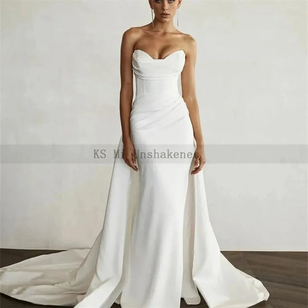 Chic White Satin Wedding Dresses Mermaid Strapless Cheap Bride Dress 2024 Long Train Church Wedding Gowns Customized Boda