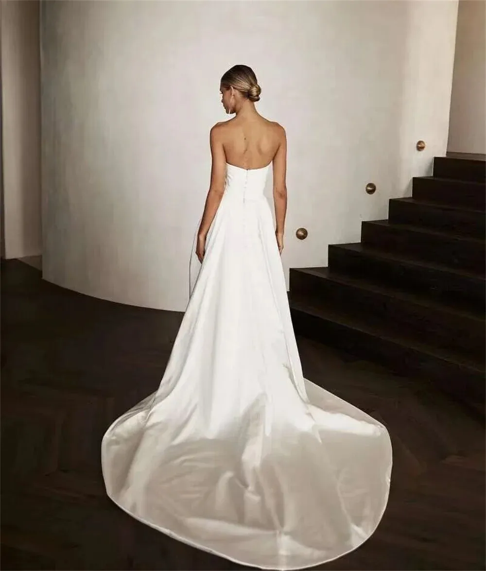 Chic White Satin Wedding Dresses Mermaid Strapless Cheap Bride Dress 2024 Long Train Church Wedding Gowns Customized Boda