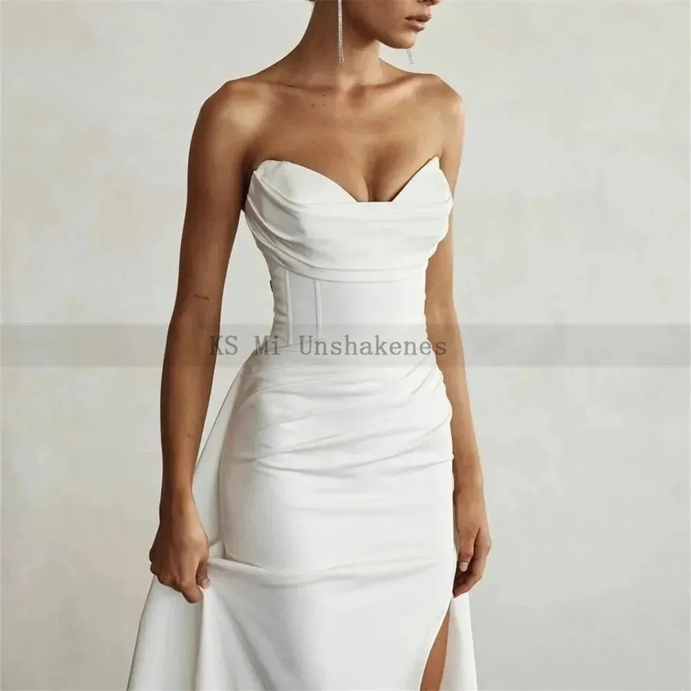 Chic White Satin Wedding Dresses Mermaid Strapless Cheap Bride Dress 2024 Long Train Church Wedding Gowns Customized Boda