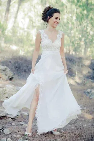 Chiffon A-line V-neck Beach Wedding Dress With Train, Lace Wedding Gown, MW737