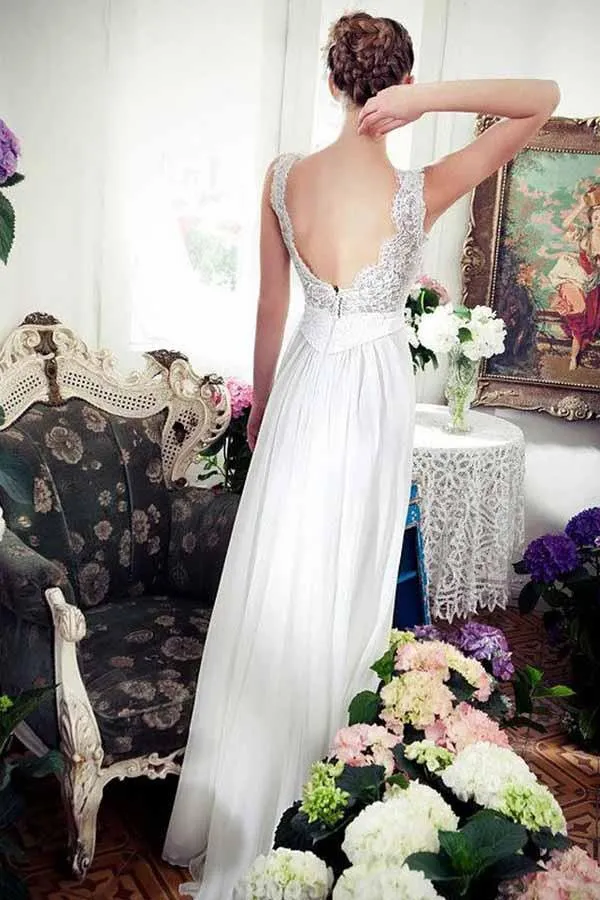 Chiffon A-line V-neck Beach Wedding Dress With Train, Lace Wedding Gown, MW737