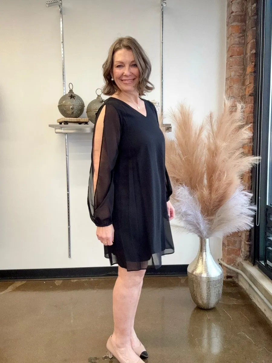 Chiffon Balloon Sleeve V-Neck Dress