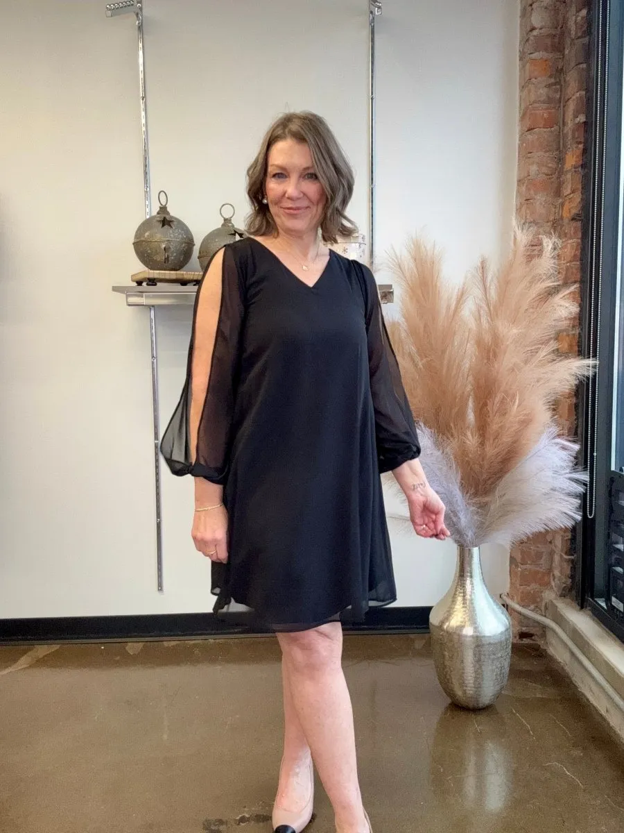 Chiffon Balloon Sleeve V-Neck Dress
