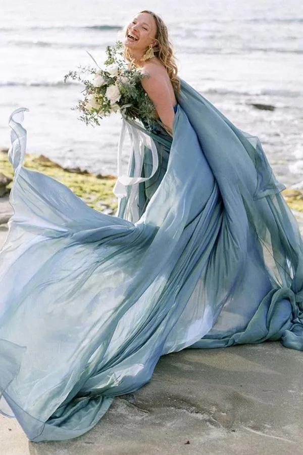 Chiffon Rustic Wedding Dress With Train, A-line Beach Wedding Gown, MW685