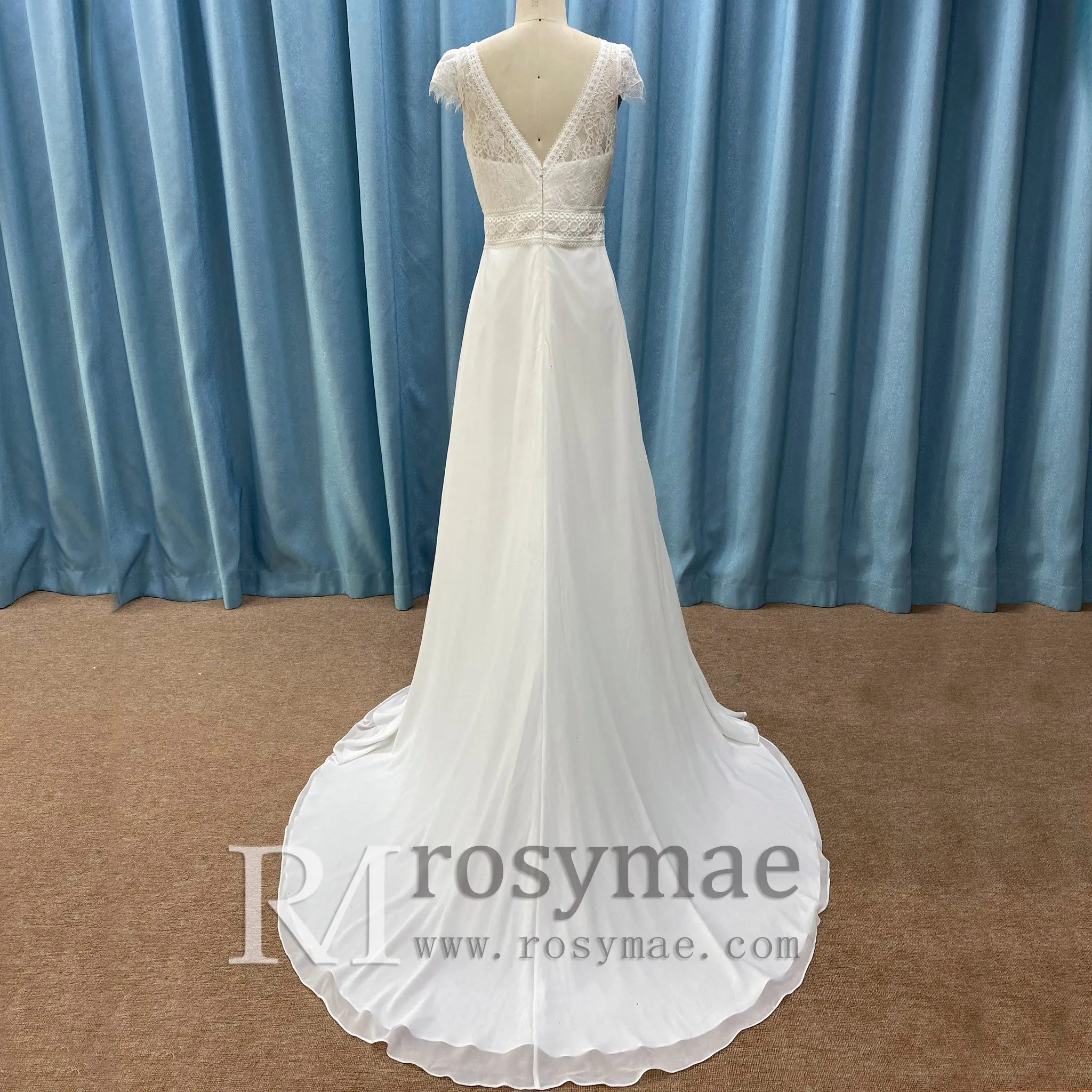 Chiffon Sheath Vneck Wedding Dresses with Capped Sleeve