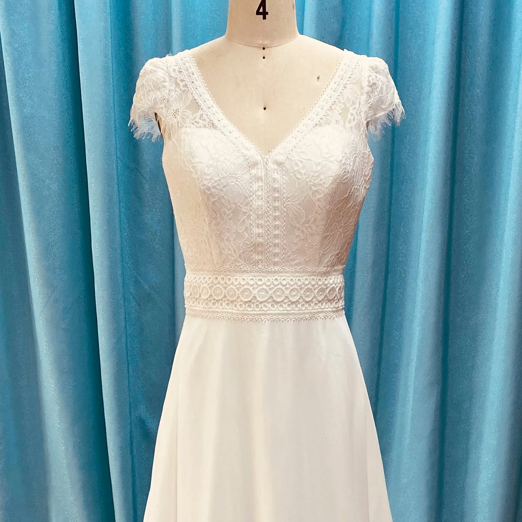 Chiffon Sheath Vneck Wedding Dresses with Capped Sleeve