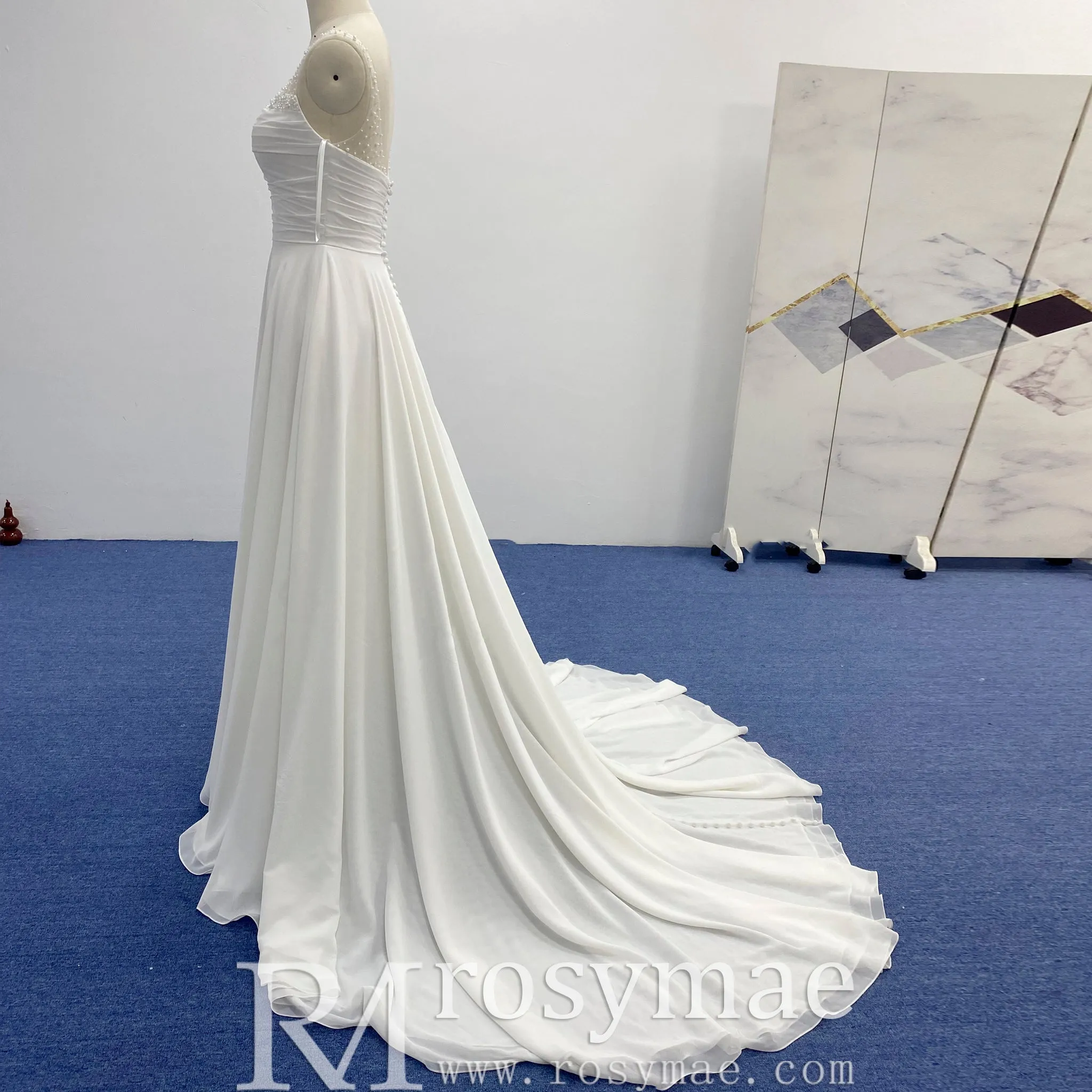 Classic A-line Vneck Chiffon Wedding Dress with Wide Strap