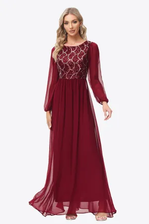 Contrast Sequin Puff Sleeve Formal Dress
