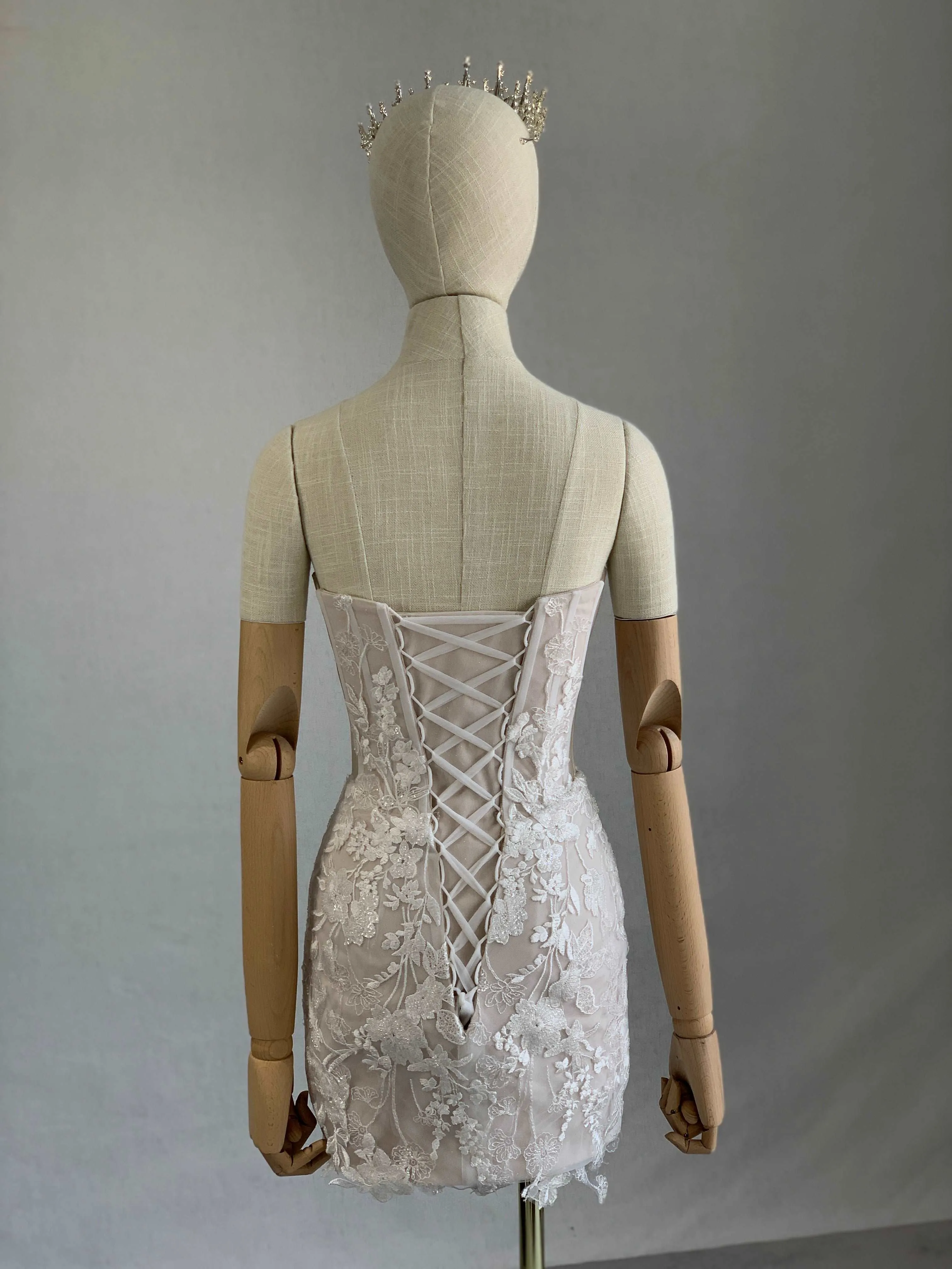 Crepe Short Fitted Evening Dress Jessica with Sequin Floral Lace