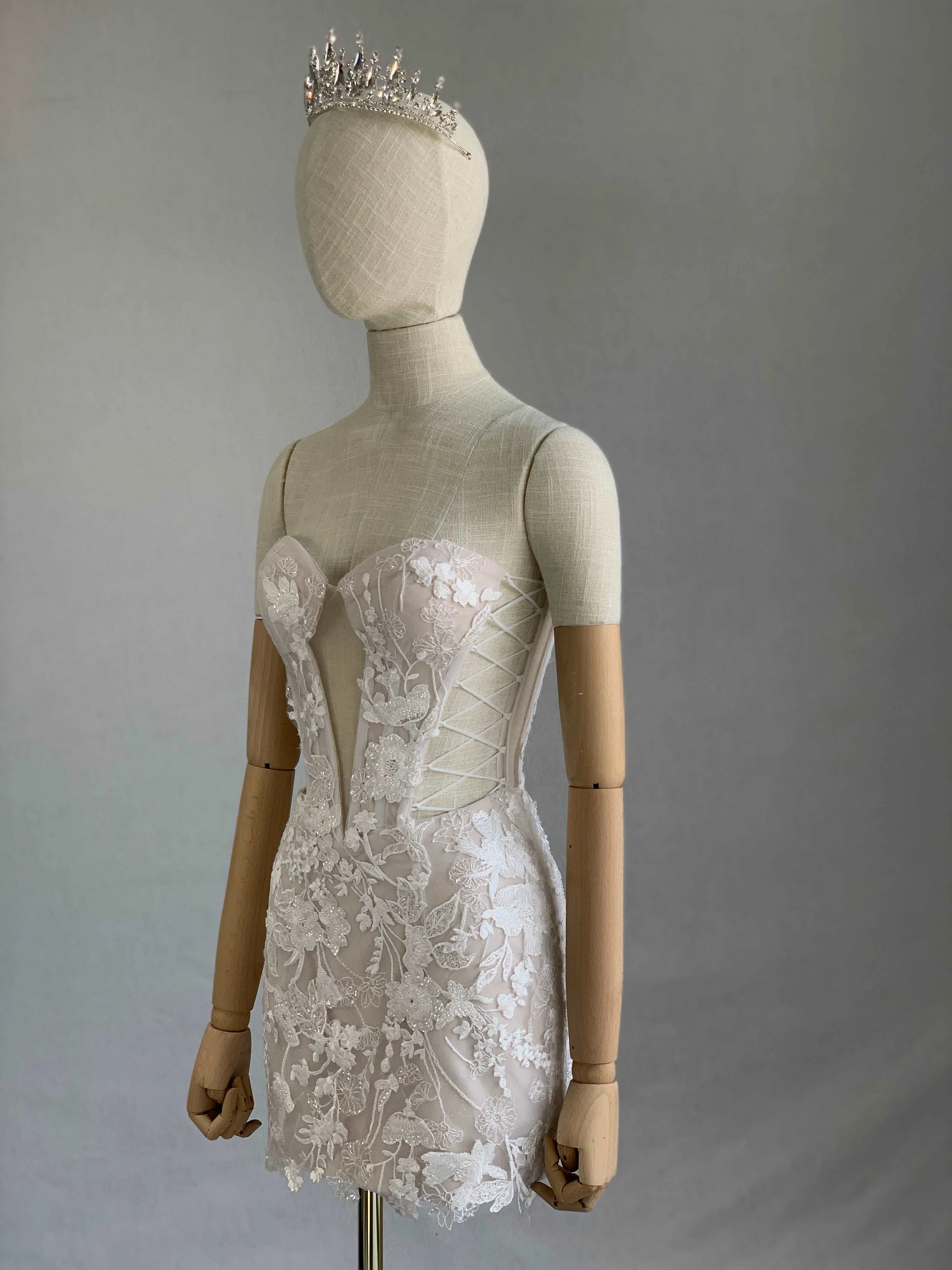 Crepe Short Fitted Evening Dress Jessica with Sequin Floral Lace