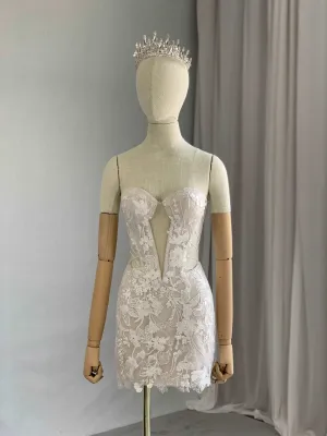 Crepe Short Fitted Evening Dress Jessica with Sequin Floral Lace