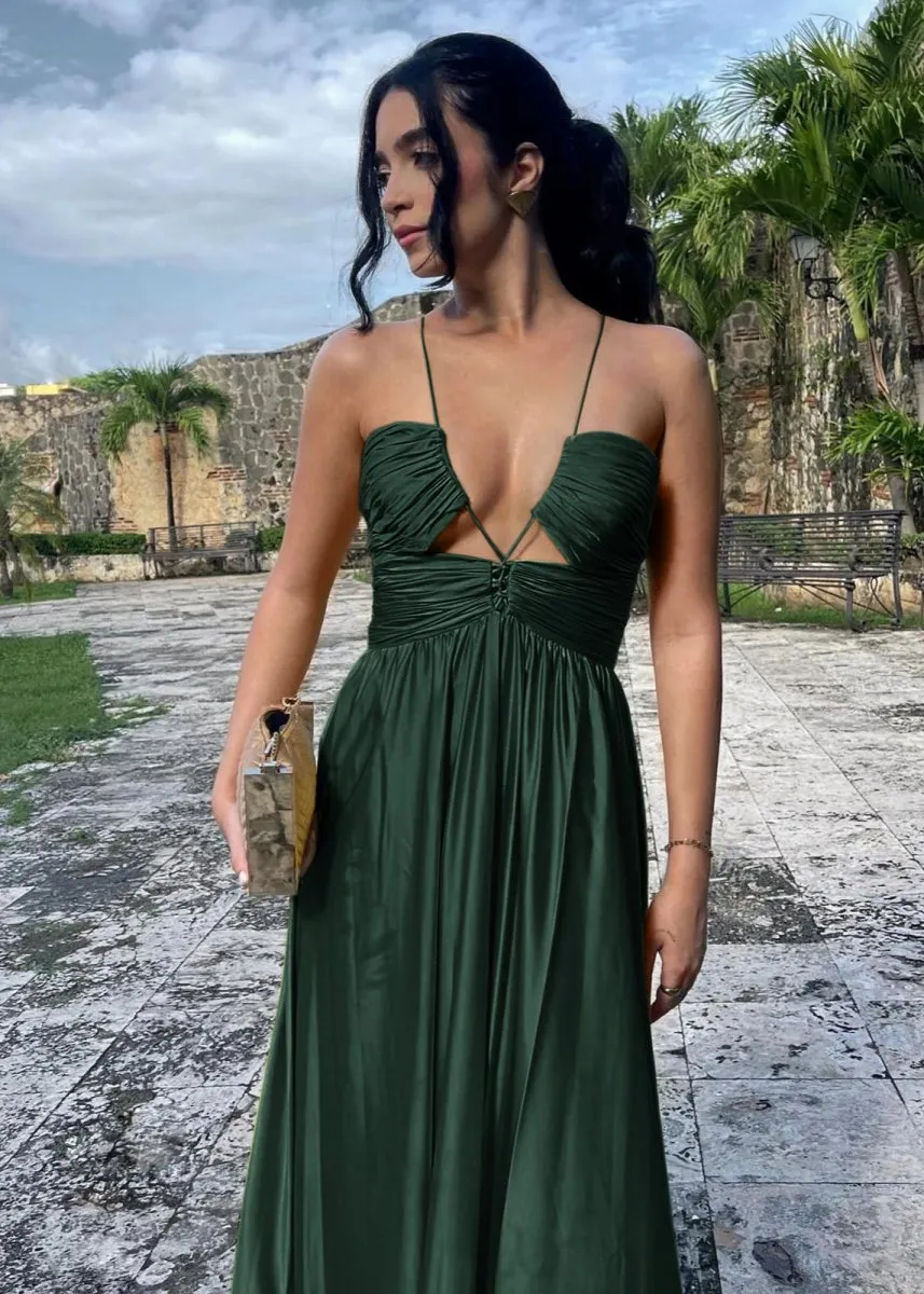 Criss-cross Chartreuse Ruched A-line Halter Sleeveless Long Prom Dresses