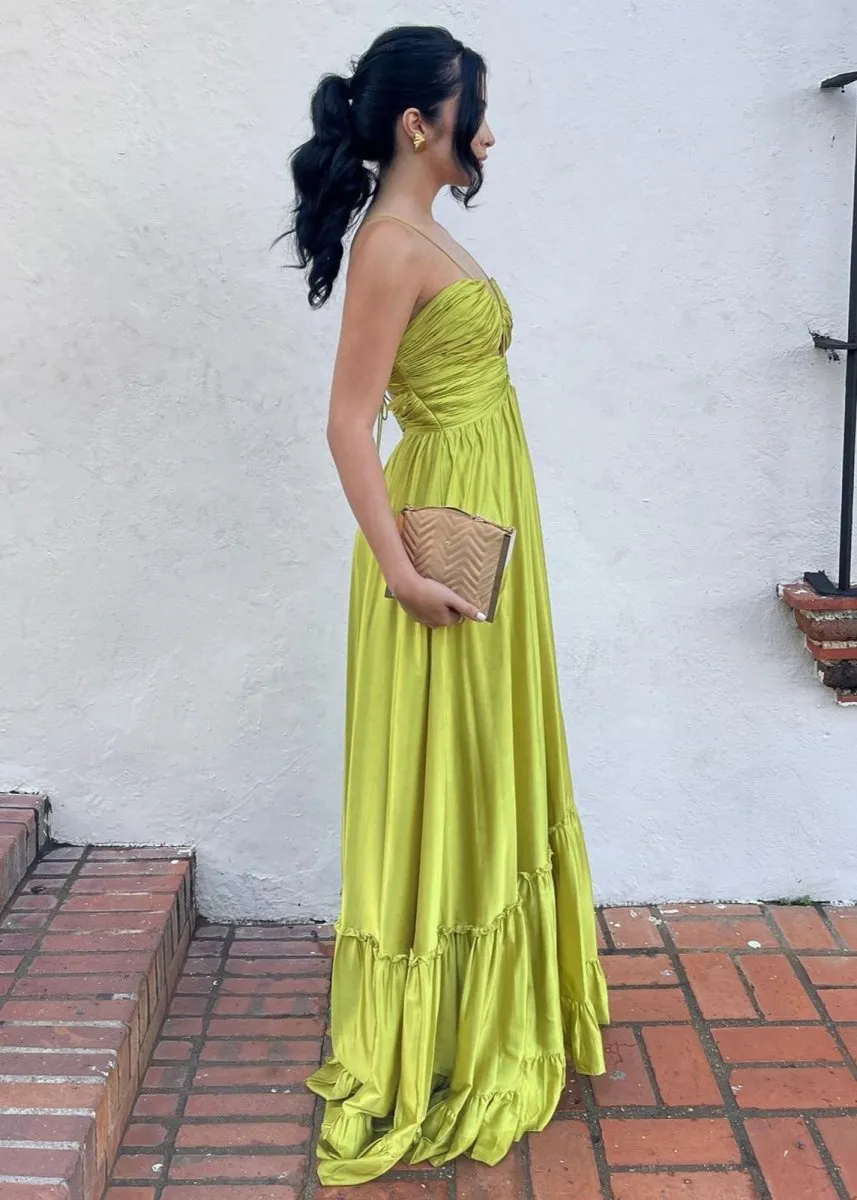 Criss-cross Chartreuse Ruched A-line Halter Sleeveless Long Prom Dresses