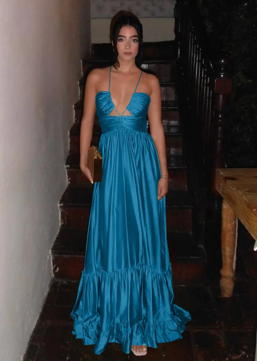 Criss-cross Chartreuse Ruched A-line Halter Sleeveless Long Prom Dresses