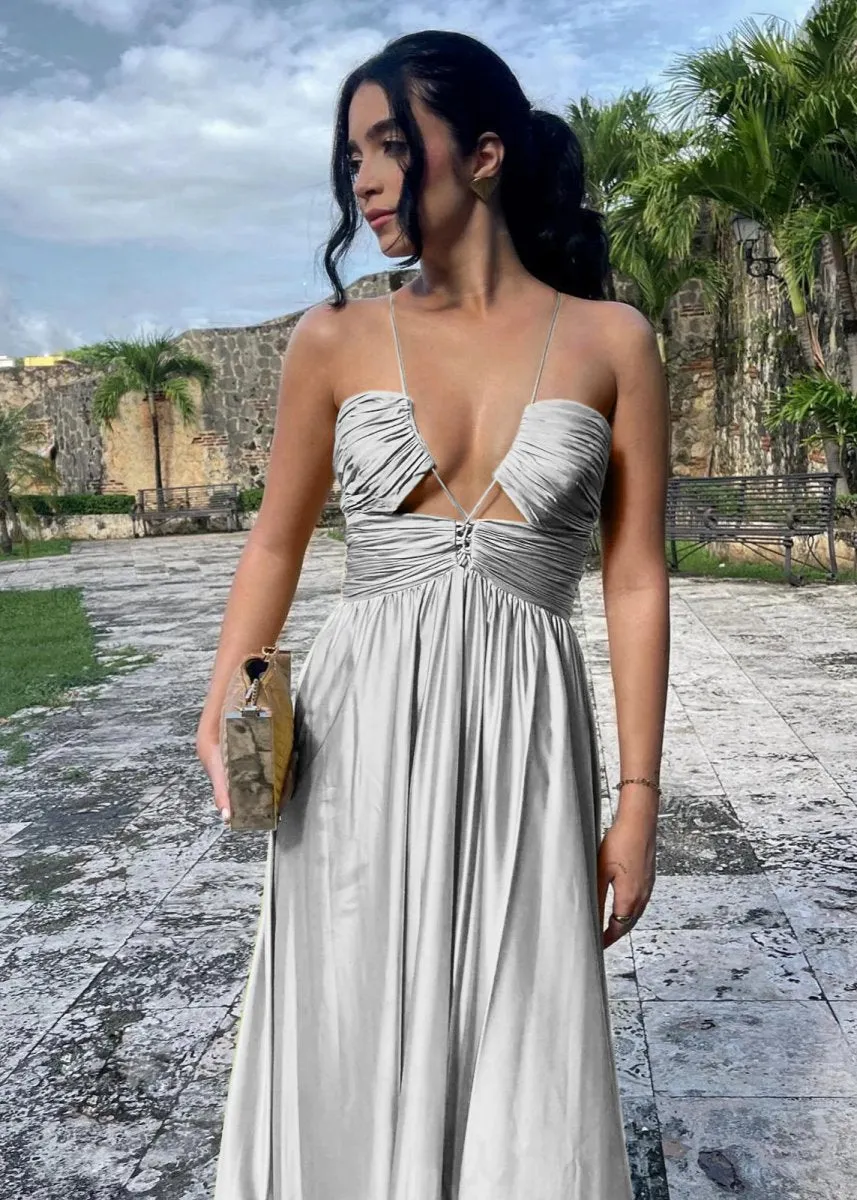 Criss-cross Chartreuse Ruched A-line Halter Sleeveless Long Prom Dresses