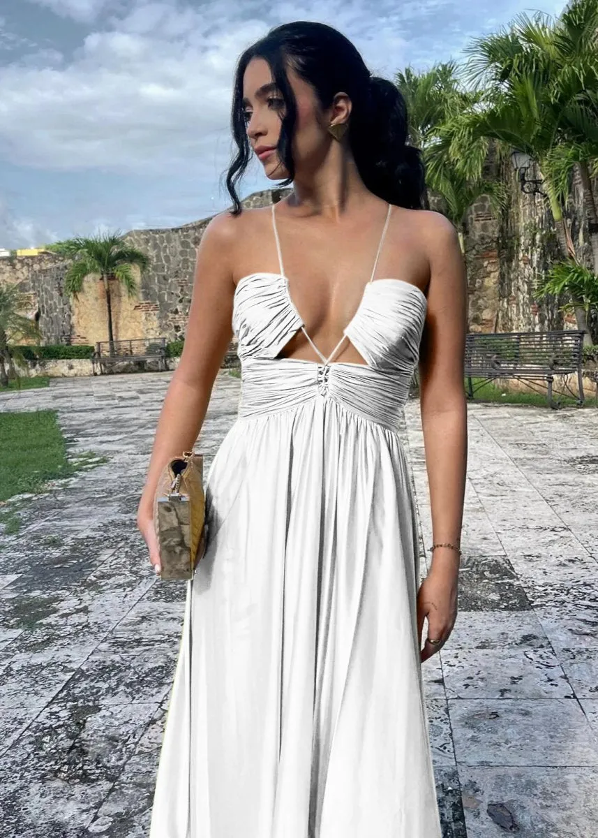 Criss-cross Chartreuse Ruched A-line Halter Sleeveless Long Prom Dresses