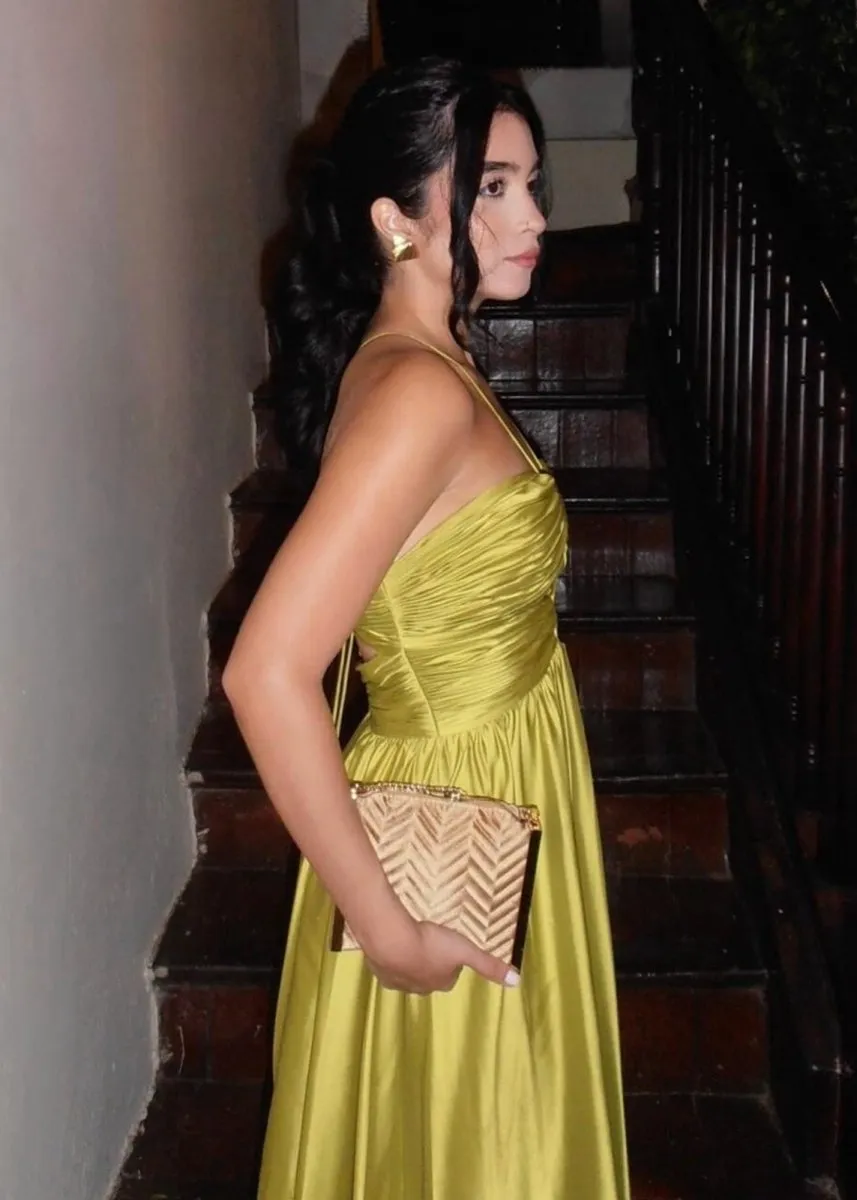 Criss-cross Chartreuse Ruched A-line Halter Sleeveless Long Prom Dresses